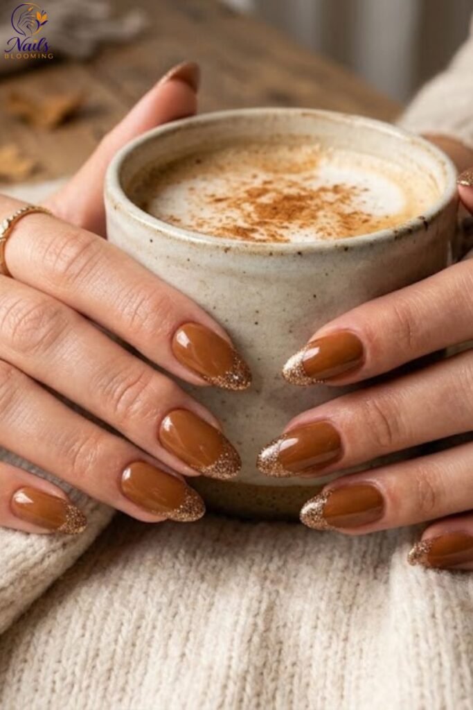 Warm Caramel Nails with Gold Glitter Tips