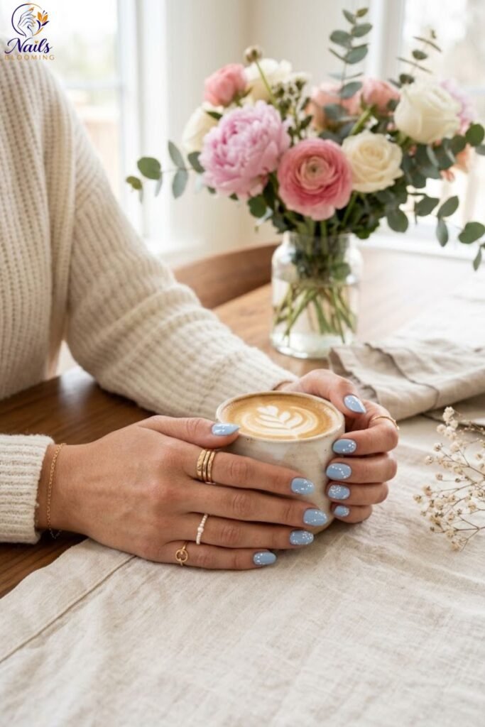 Baby Blue Nails with White Dot Accents