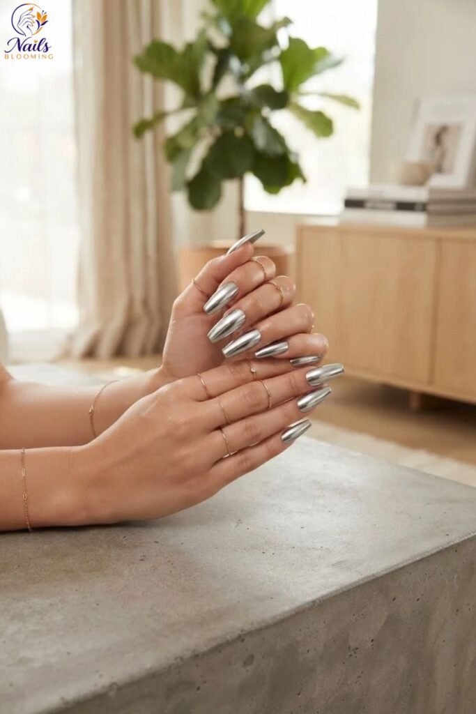 Long Coffin Nails with Chrome Finish