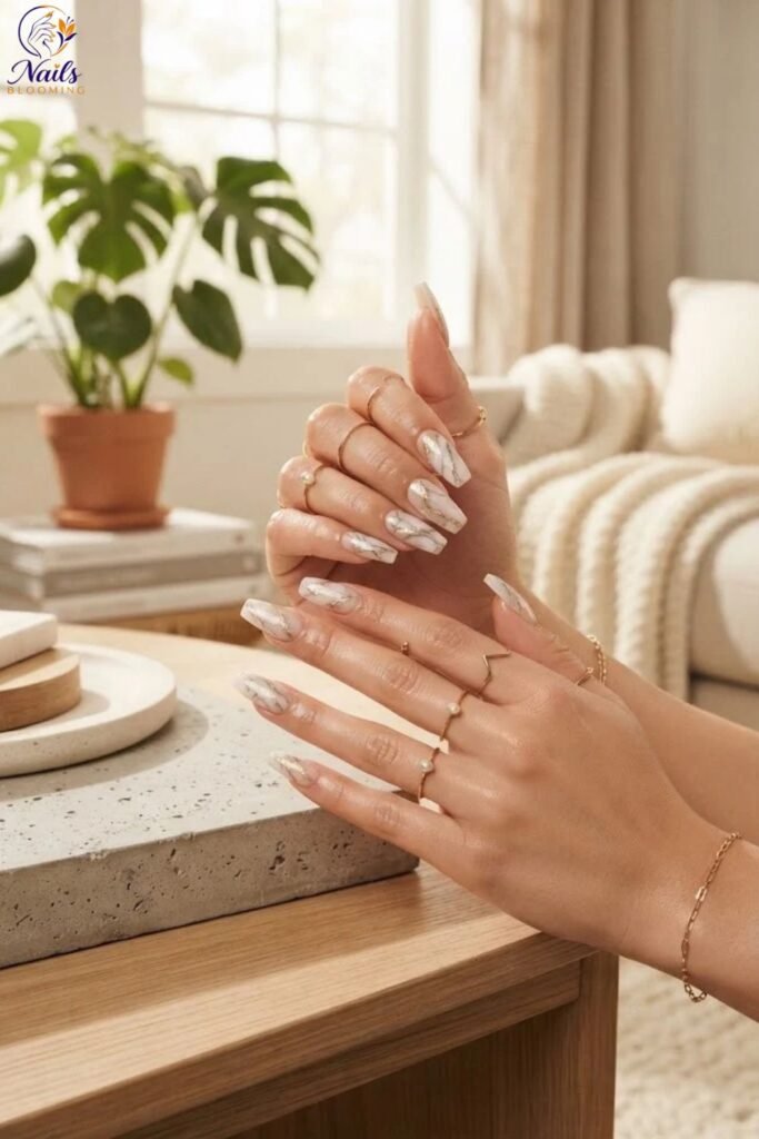 Long Nails with Marble and Metallic Veining
