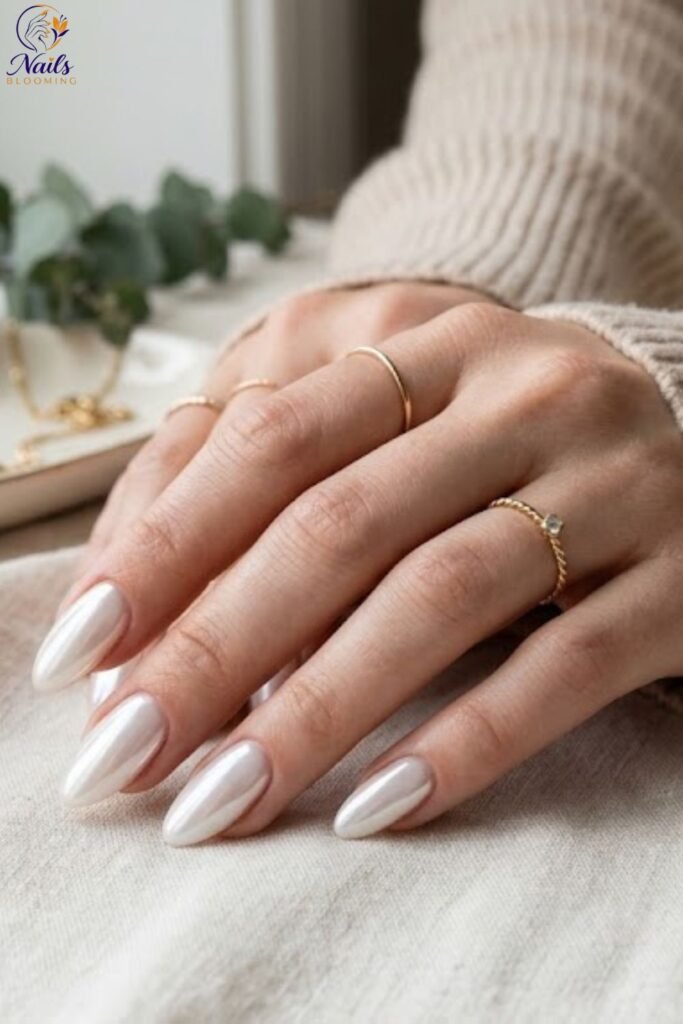 Classic Milky White Chrome on Almond Nails