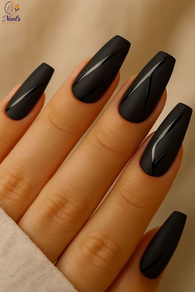 Matte Black Nails with Glossy Accent