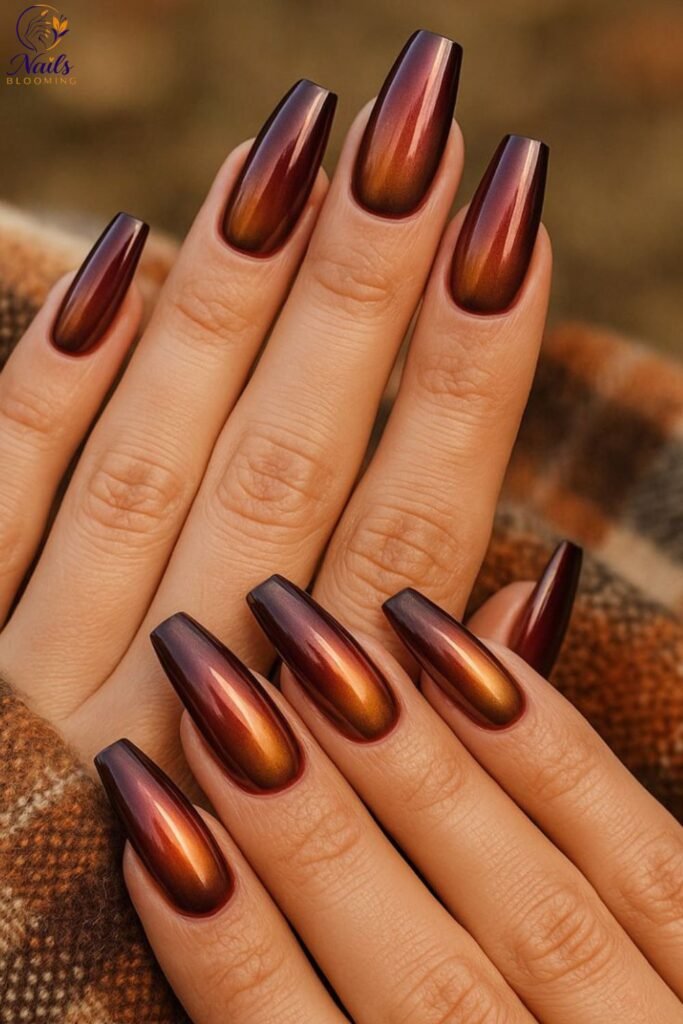 Dark Fall Nails with Copper Chrome Accents